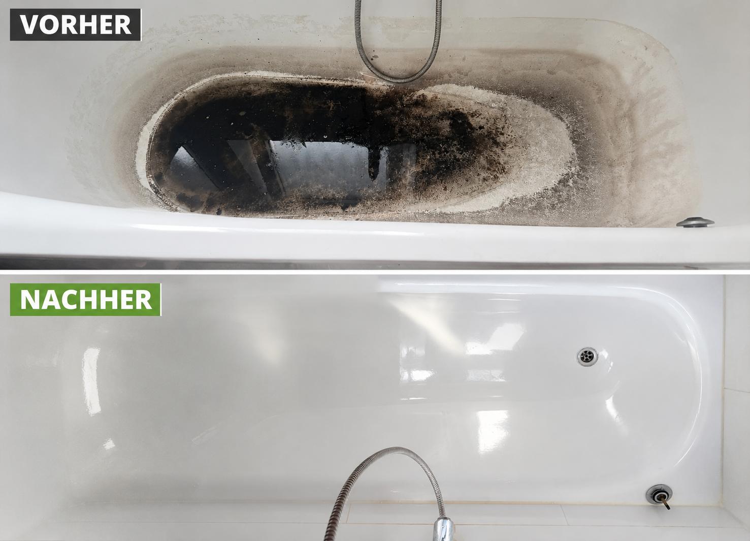 Badewanne vorher-nachher: Rückstau mit Kaffeesatz und Fettrückständen, danach vollständig gereinigt